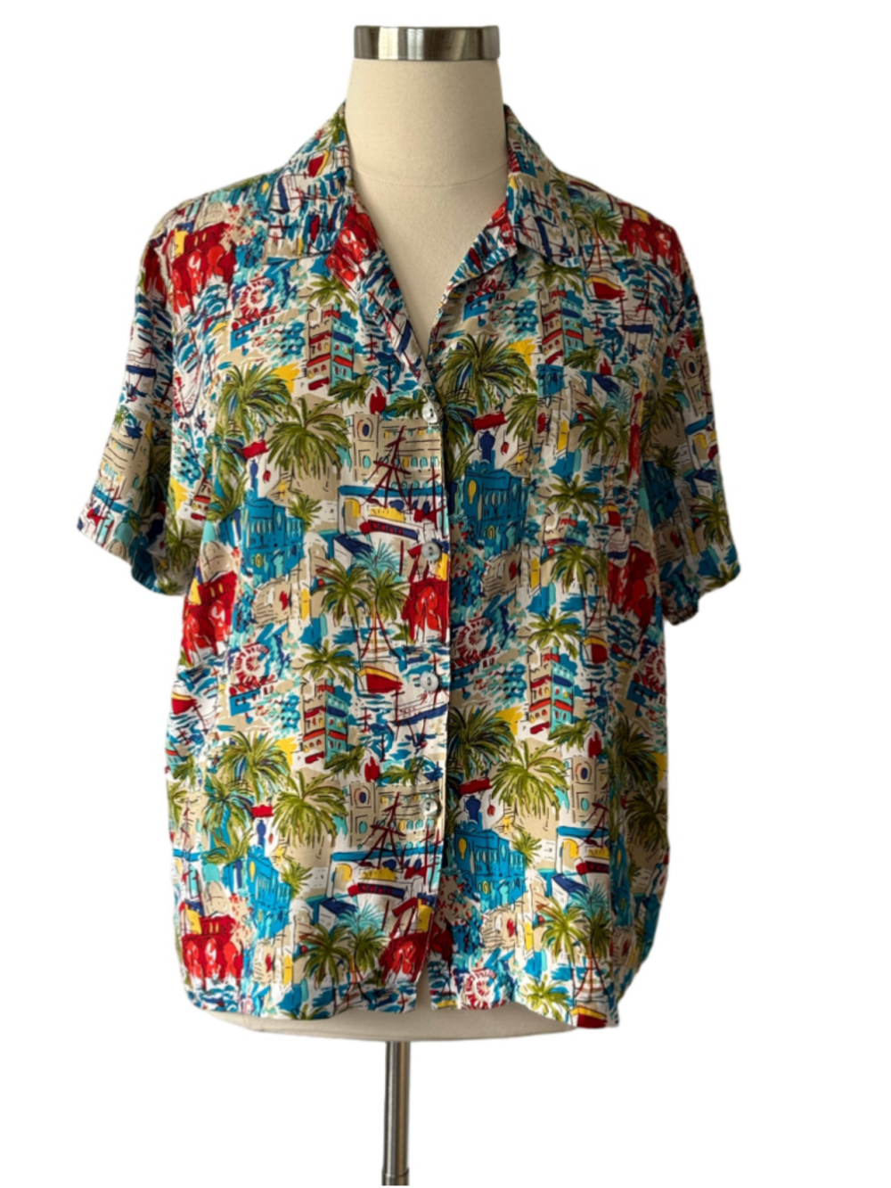 Chico’s Tropical Print Button Down Silk Shirt, Size 16, Beige/Blue (Chico’s 3)